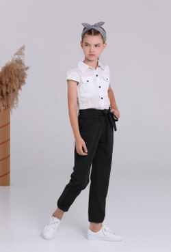 Брюки детские для девочки синие темно-синие школьные классика классические демисезонные прямые на резинке с поясом бананы