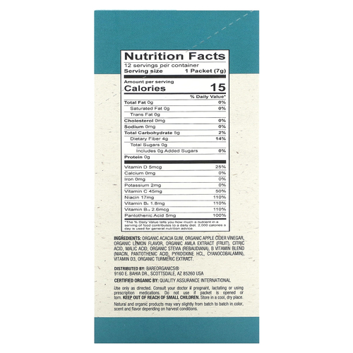 BareOrganics, Средство для улучшения пищеварения, органический лимон, 12 пакетиков в стиках по 7 г (0,25 унции)