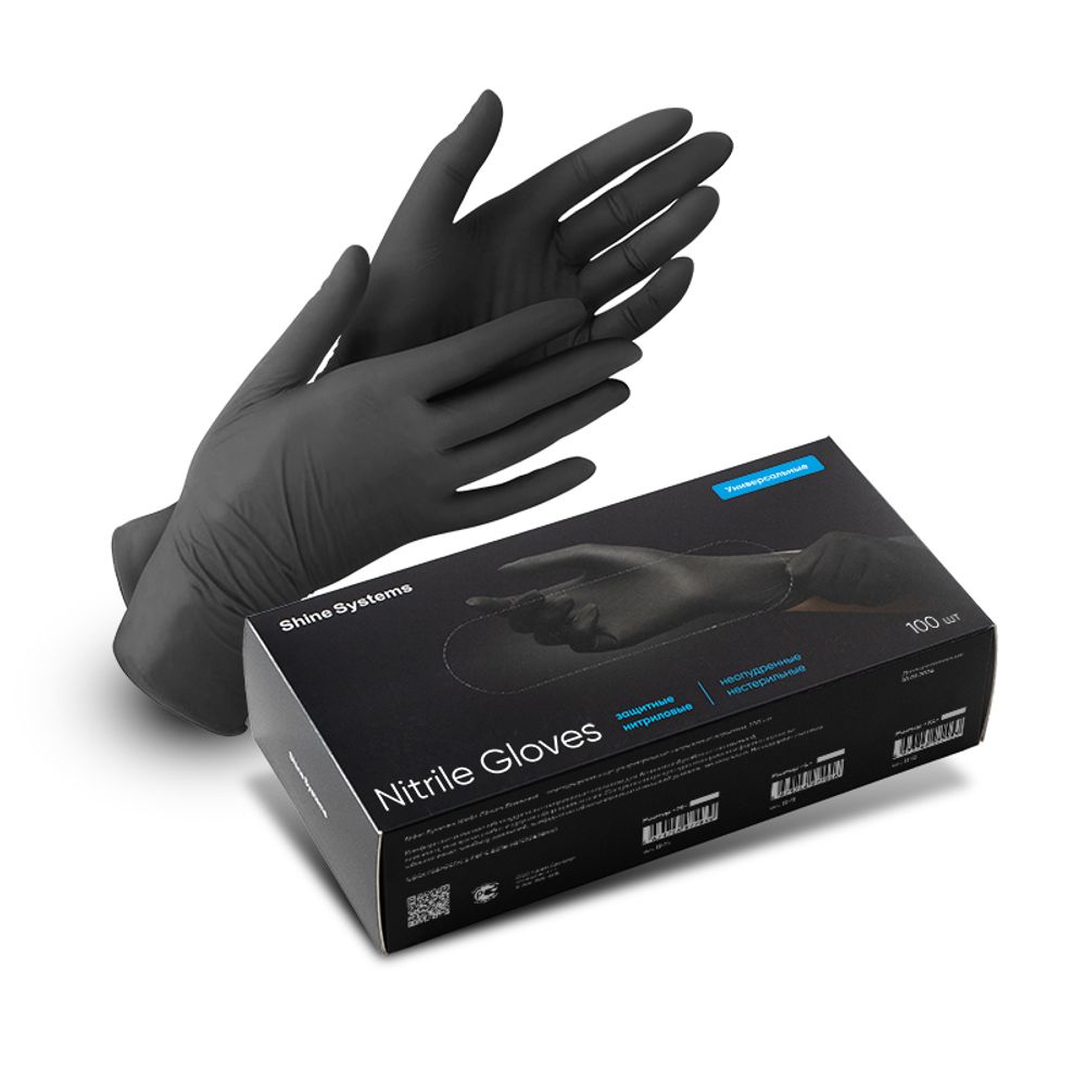 Shine Systems Nitrile Gloves - защитные универсальные нитриловые неопудренные перчатки, размер &quot;L&quot;, цвет черный 100 шт