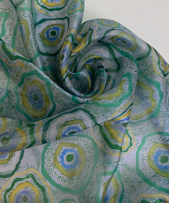 Шифон принт, silk, круги зеленые/желтые/голубые на сером RH D4C2
