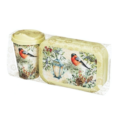 Набор: стакан с крышкой 420мл с декором + ланч-бокс 0,85л с декором (салатовый)