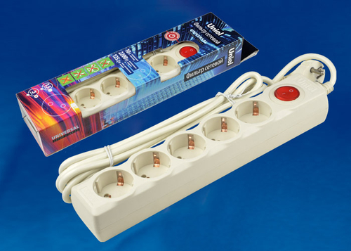 S-GSU5-3 IVORY Cетевой фильтр серии Universal, 3м (Пвс 3*0,75), 5 гнезд, с/з. 10А. Защита от перенапряжения, короткого замыкания. TM Uniel.