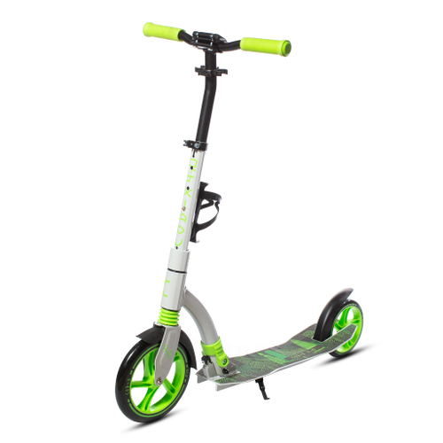 Самокат алюминий с амморт, 230+180мм подш.ABEC-9 до 100кг, новый ШИРОКИЙ РУЛЬ, серебристо-зеленый COD-X 4.0