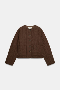 ZARA СТЁГАНАЯ КУРТКА ИЗ ЛЬНА, КОРИЧНЕВЫЙ