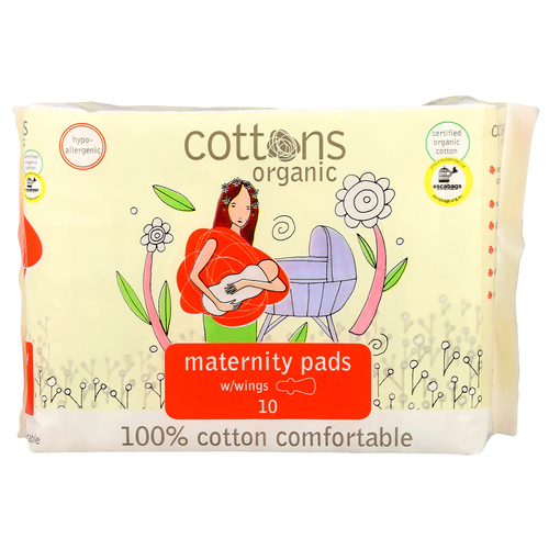 Cottons, Комфортные прокладки для беременных с крыльями, 100% хлопок, плотные, без запаха, 10 прокладок