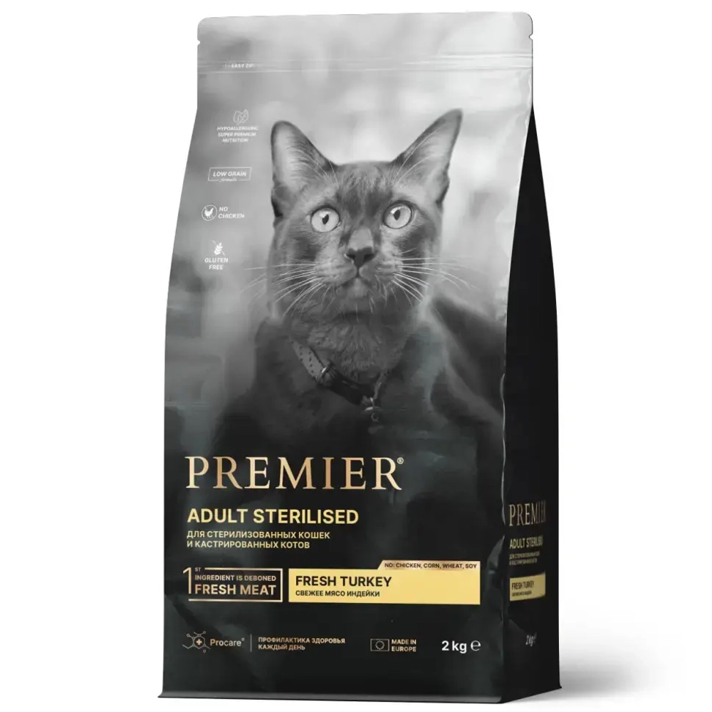 Premier cat turkey sterilised сухой корм для взрослых стерилизованных кошек, свежее мясо индейки - 2 кг