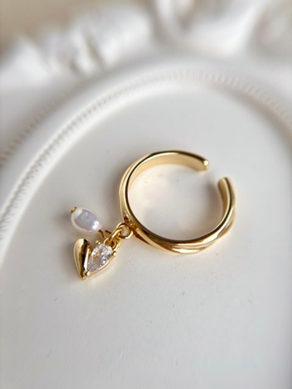 Кольцо с подвеской сердце и натуральной жемчужиной