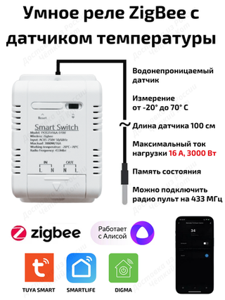 Умное реле Zigbee 16 А c датчиком температуры