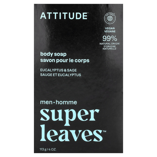 ATTITUDE, Super Leaves™, кусковое мыло для тела, для мужчин, эвкалипт и шалфей, 113 г (4 унции)