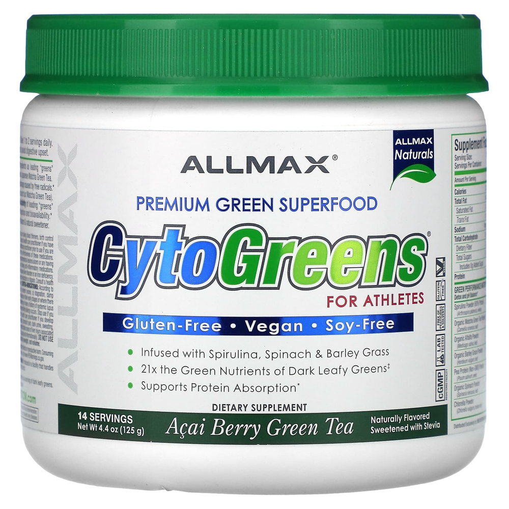 ALLMAX, CytoGreens®, добавка с зелёными суперфудами премиального качества для спортсменов, ягоды асаи и зелёный чай, 125 г (4,4 унции)