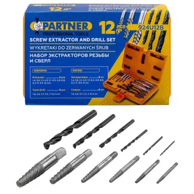 Экстракторы для извлечения заломанных болтов/гаек в комплекте со сверлами, набор 12пр. Partner PA-924U12B