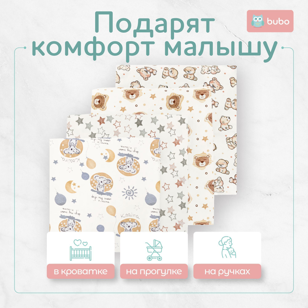 Пеленка текстильная BUBO BABY "SOFT" 100х105 см, футер и кулирная гладь, 4 шт