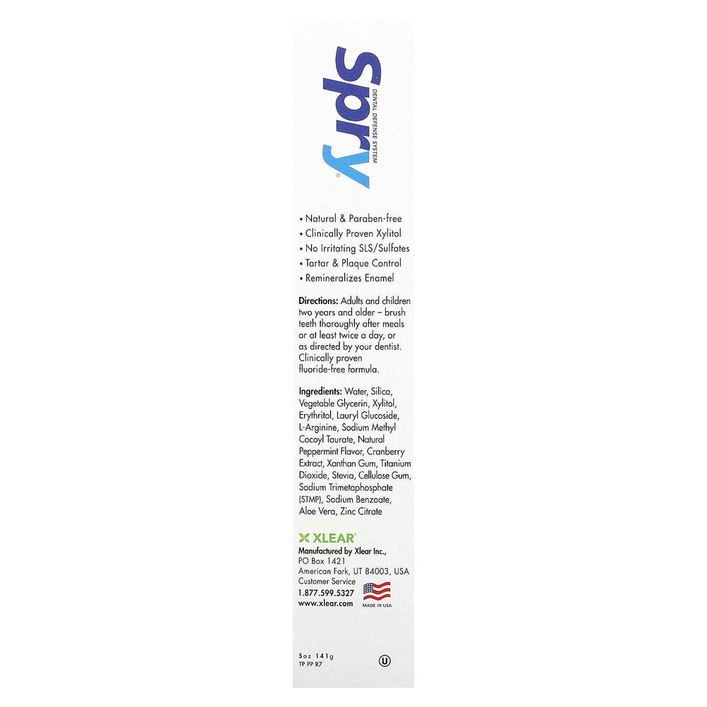 Xlear, Spry, зубная паста без фторидов, перечная мята, 141 г (5 унций)