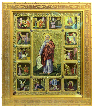 Большая Живописная икона Пророк Илия Фесвитянин с житийными сценами 54х44см на кипарисе в березовом киоте