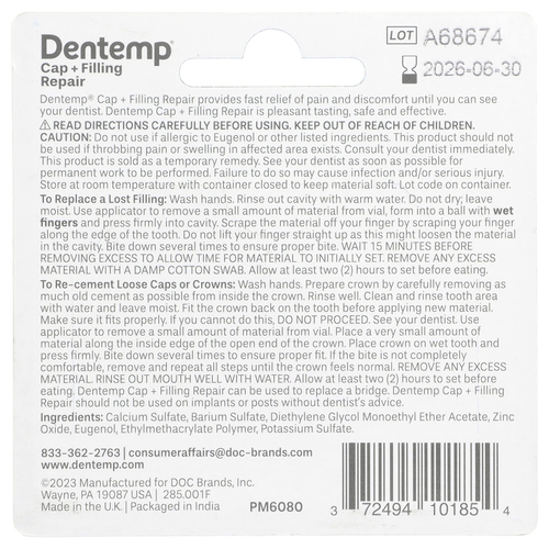 Dentemp, Cap + Filling Repair, максимальная эффективность, 2,64 г (0,09 унции)