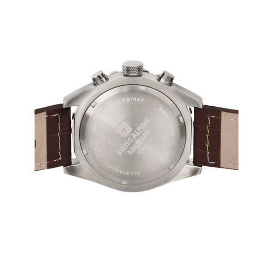 С ремешком Мужские наручные часы с коричневым кожаным ремешком  Swiss Alpine Military 7076.9532 chronograph 44mm 10ATM