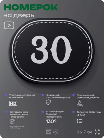 Номерок на дверь квартиры 30, для кабинета, офиса, шильдик 9 х 7 см, черный, Айдентика Технолоджи