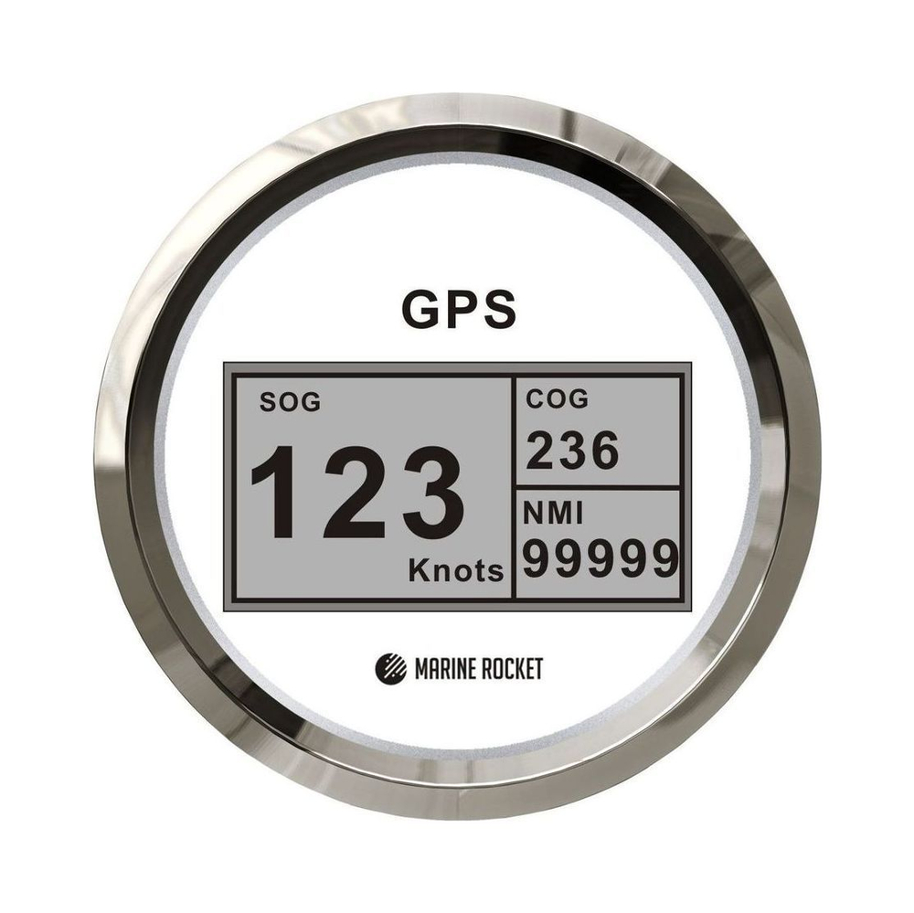 GPS-спидометр электронный, белый циферблат, нержавеющий ободок, выносная антенна, д. 85 мм, Marine Rocket