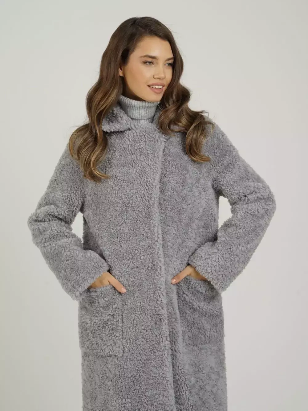 Шуба женская чебурашка тедди пальто из шерсти мериноса, серый, SilverFox