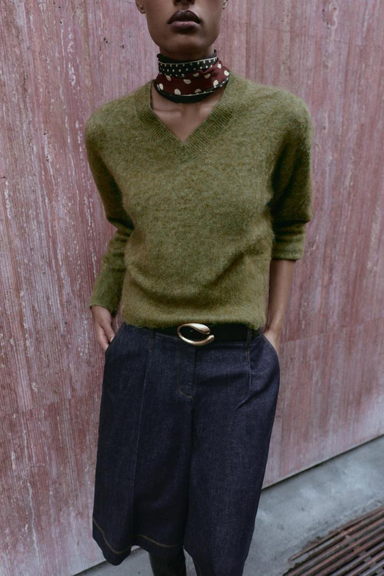 ZARA ТРИКОТАЖНЫЙ ДЖЕМПЕР С ВОРСИСТОЙ ТЕКСТУРОЙ, ХАКИ