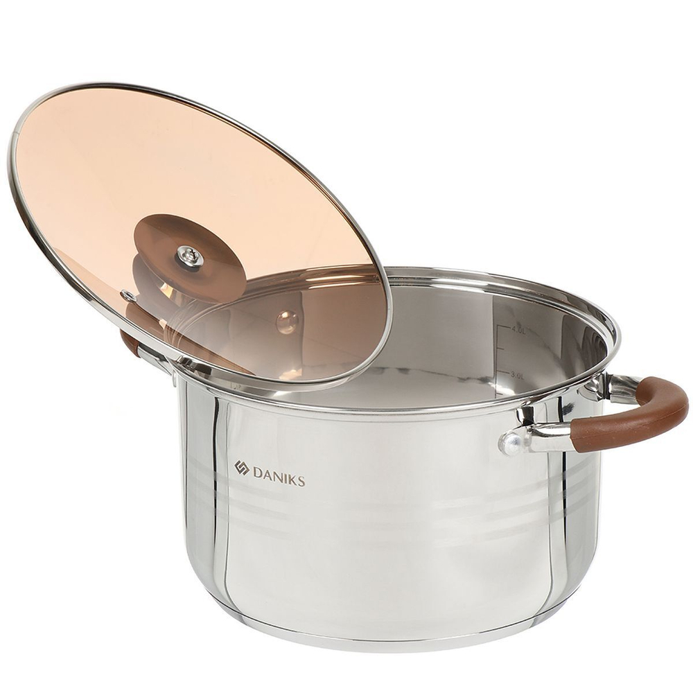 Кастрюля нерж, 5 л, крышка стекло, Daniks, Веллингтон, GS-01415-22CA, индукц