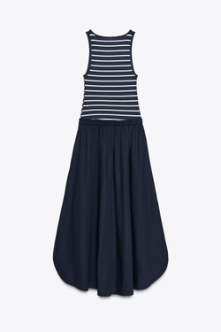 ZARA КОМБИНИРОВАННОЕ ПЛАТЬЕ-МИДИ ИЗ ПОПЛИНА, ТЕМНО-СИНИЙ/ЭКРЮ