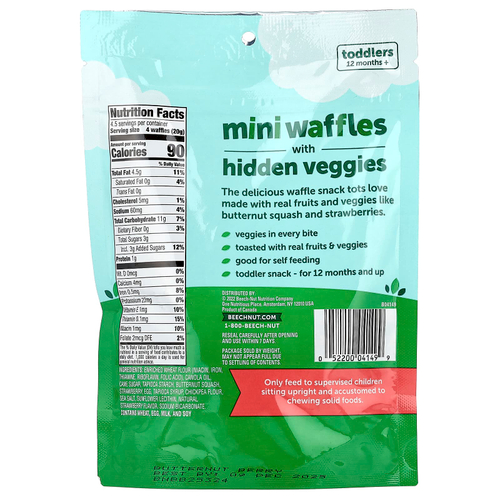 Beech-Nut, Мини-вафли со скрытыми овощами, от 12 месяцев, мускатный орех, 90 г (3,2 унции)