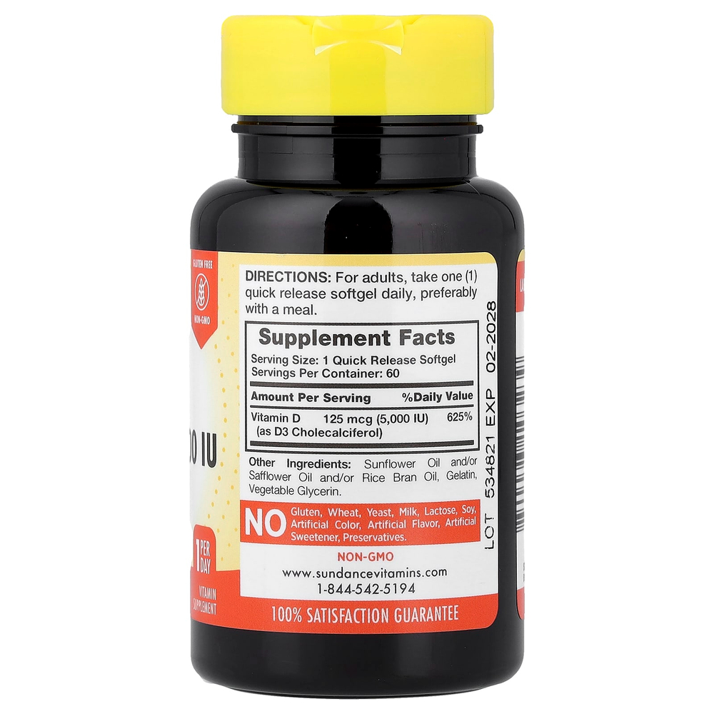 Sundance Vitamins, витамин D3, высокоактивный, 125 мкг (5000 МЕ), 60 капсул с быстрым высвобождением