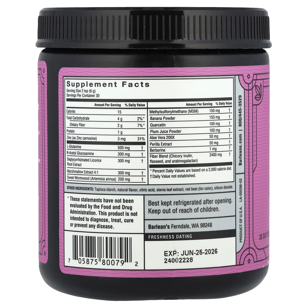 Barlean's, Ремонт кишечника, вкус ягод, 180 г (6,35 унции)