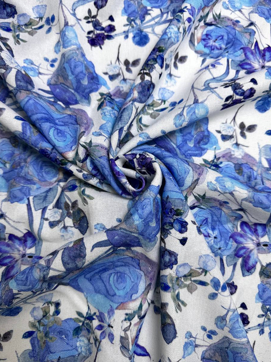 Плательная лен принт розы голубые на белом PHARMA RH#37