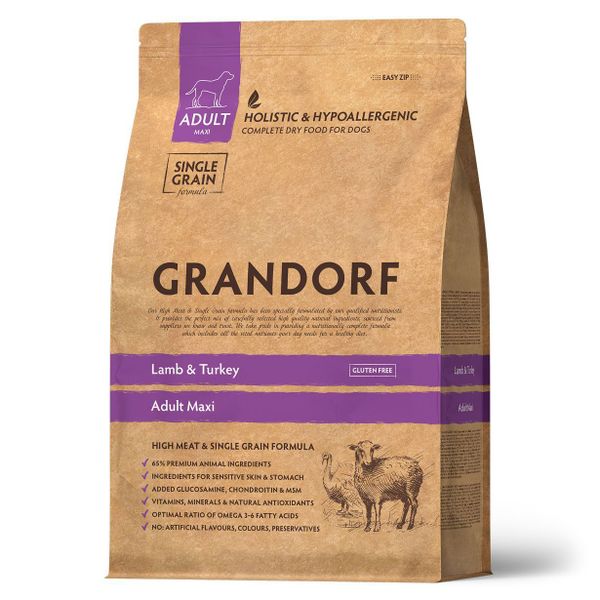 Уценка! Срок 31.05.26/ Сухой корм Grandorf DOG Lamb&Turkey Maxi для взрослых собак крупных пород, ягнёнок с индейкой