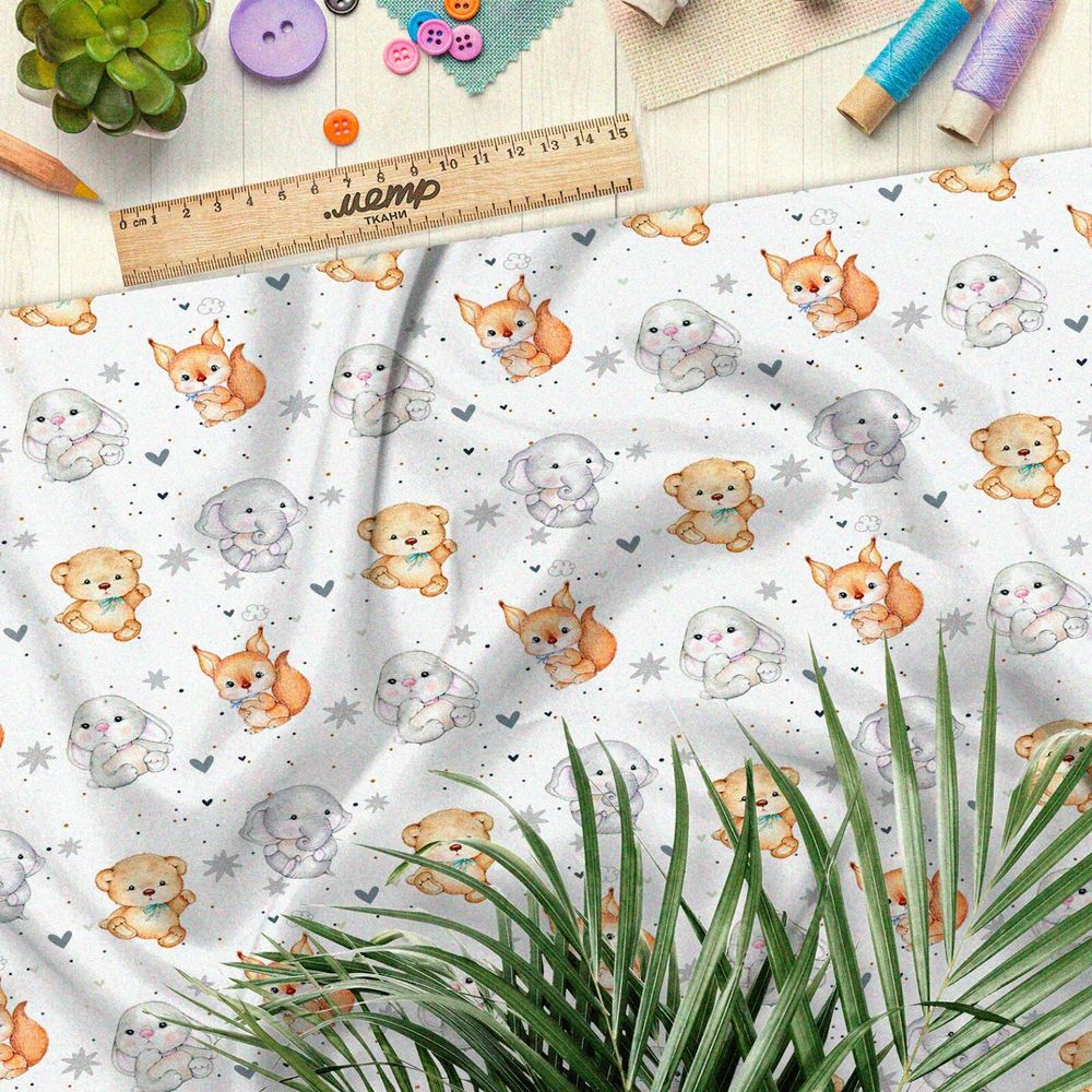 Ткань штапель игрушечные белочки, зайчики, мишки и слоники