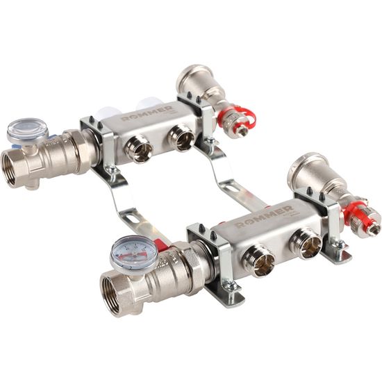 Коллектор Rommer 1"x3/4" на 2 контура с запорными клапанами в сборе (нерж. сталь) RMS-3210-000002