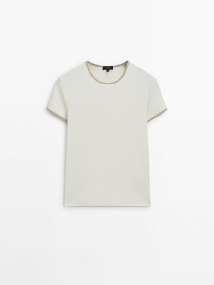 Massimo Dutti Футболка с контрастными деталями, натуральный, кремовый