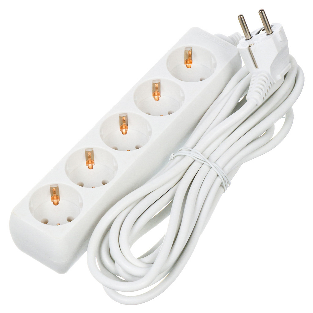 Удлинитель бытовой 5 гн, 5 м, 3х1 мм², с/з, 16 А, бел, GE, GES-16-3x100-5-5m, 470011