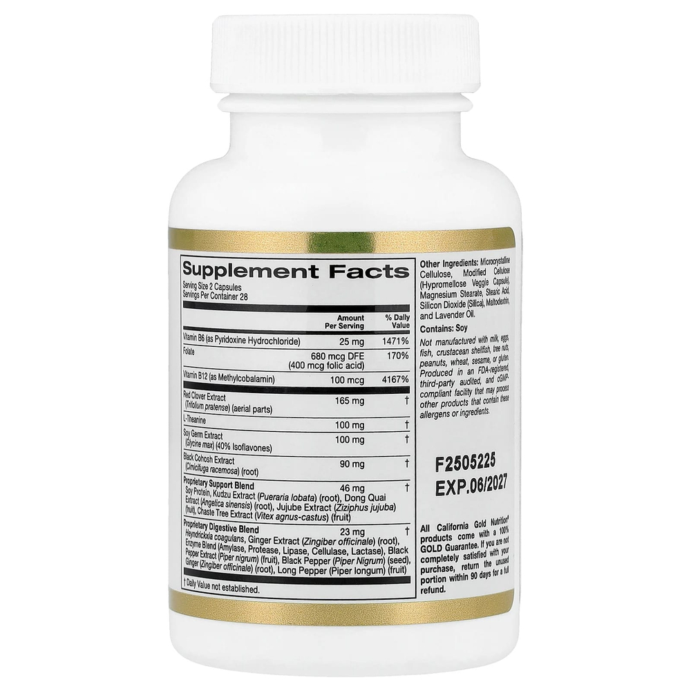 California Gold Nutrition, добавка для поддержки в период менопаузы, с фолатом, экстрактом красного клевера, витамином B12 и экстрактом ростков сои, 56 вегетарианских капсул