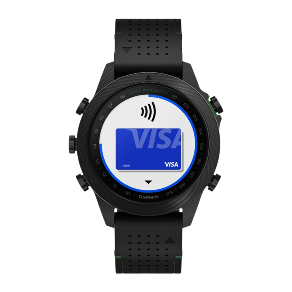 Спортивные часы Garmin MARQ Golfer (Gen 2) Carbon Edition, гибридный ремешок цвета «чёрный/зелёный», чёрный силиконовый ремешок Безель и корпус из углеродного волокна и титана, AMOLED-дисплей с куполообразным сапфировым стеклом. Ремешок из кожи и фторэлас