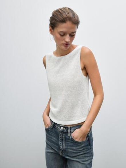 Massimo Dutti Трикотажная футболка без рукавов с металлическим блеском, серебряный