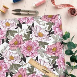 Ткань оксфорд 210 розовые цветы серые листья