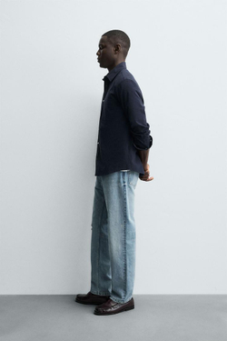 ZARA РУБАШКА В ПОЛОСКУ С ЭФФЕКТОМ ПОТЕРТОСТИ, МОРСКОЙ СИНИЙ