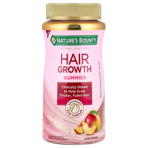 Nature's Bounty, жевательные таблетки для роста волос, со вкусом персика и манго, 60 жевательных таблеток