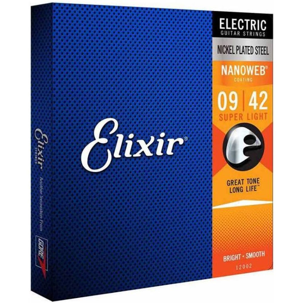 Elixir 12002 NanoWeb струны для электрогитары с покрытием, Super Light 9-42.