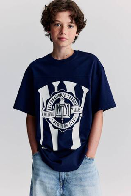 H&M Футболка оверсайз с принтом, темно-синий