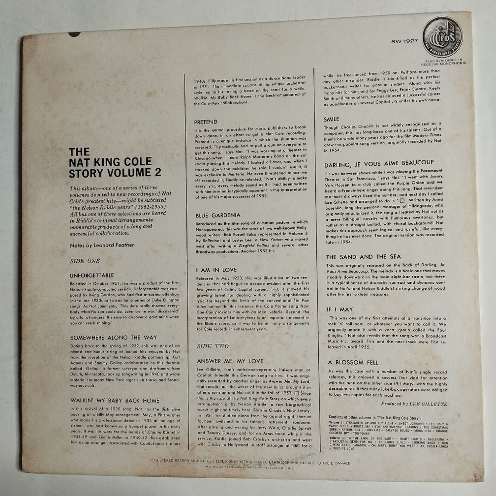 Винтажная виниловая пластинка LP The Nat King Cole Story Volume 2 (USA 1973)