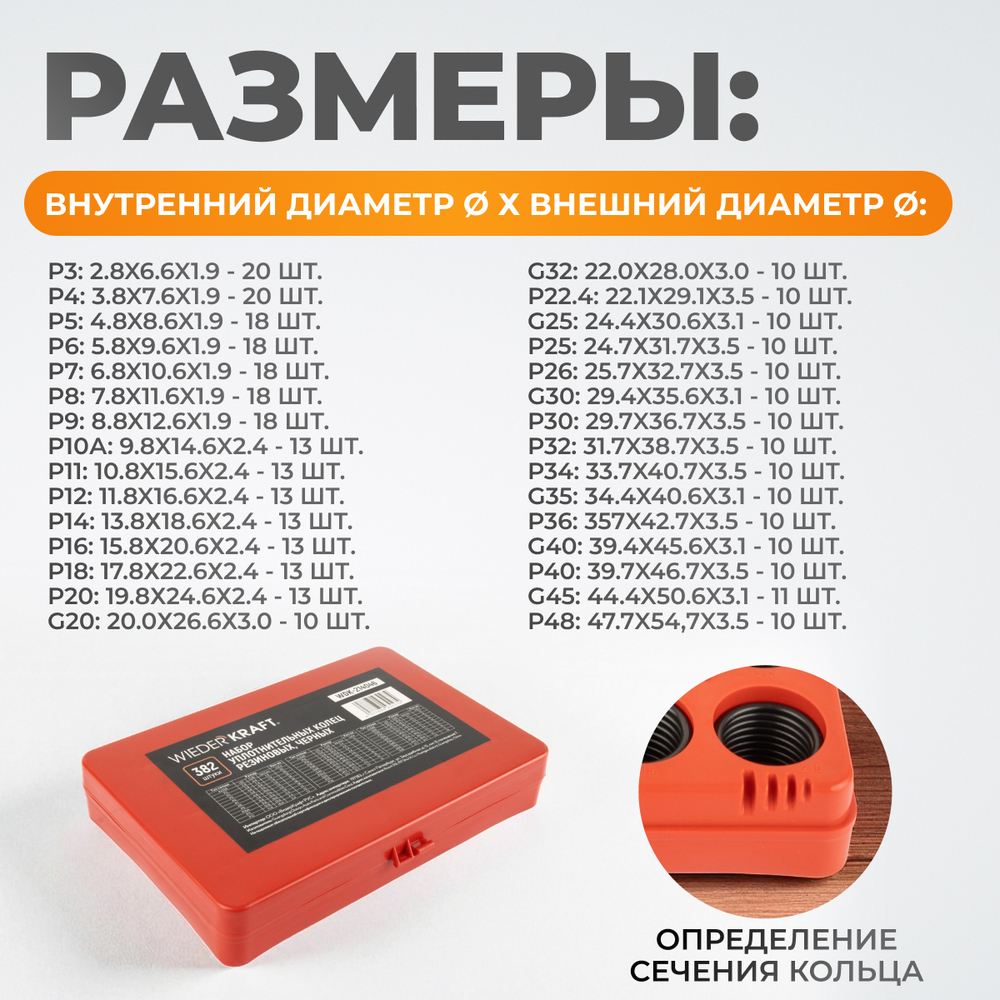 WDK-214046 Набор уплотнительных колец резиновых, черные, 382 шт.