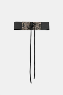 ZARA ШИРОКИЙ КОЖАНЫЙ РЕМЕНЬ С ПРЯЖКОЙ С УЗОРОМ, ЧЕРНЫЙ