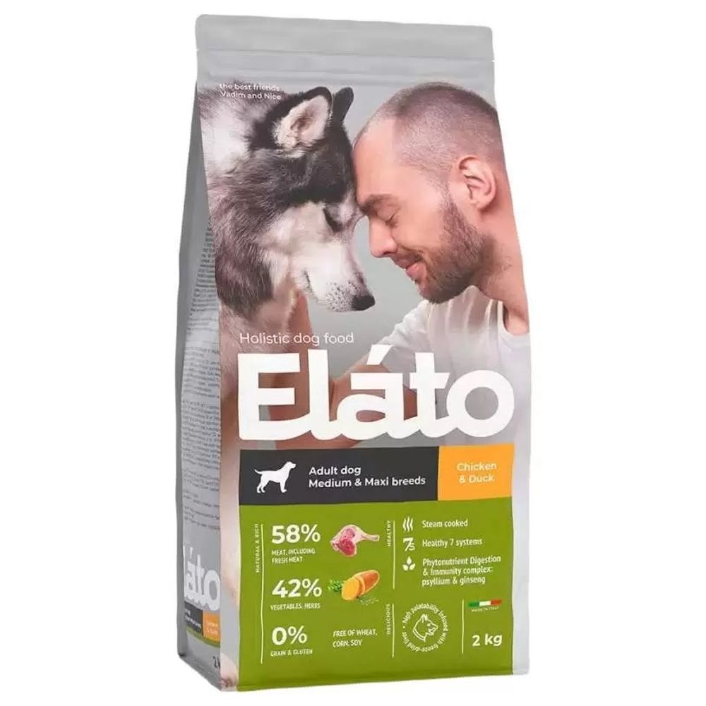 Сухой корм Elato Holistic для собак средних и крупных пород с курицей и уткой - 2 кг