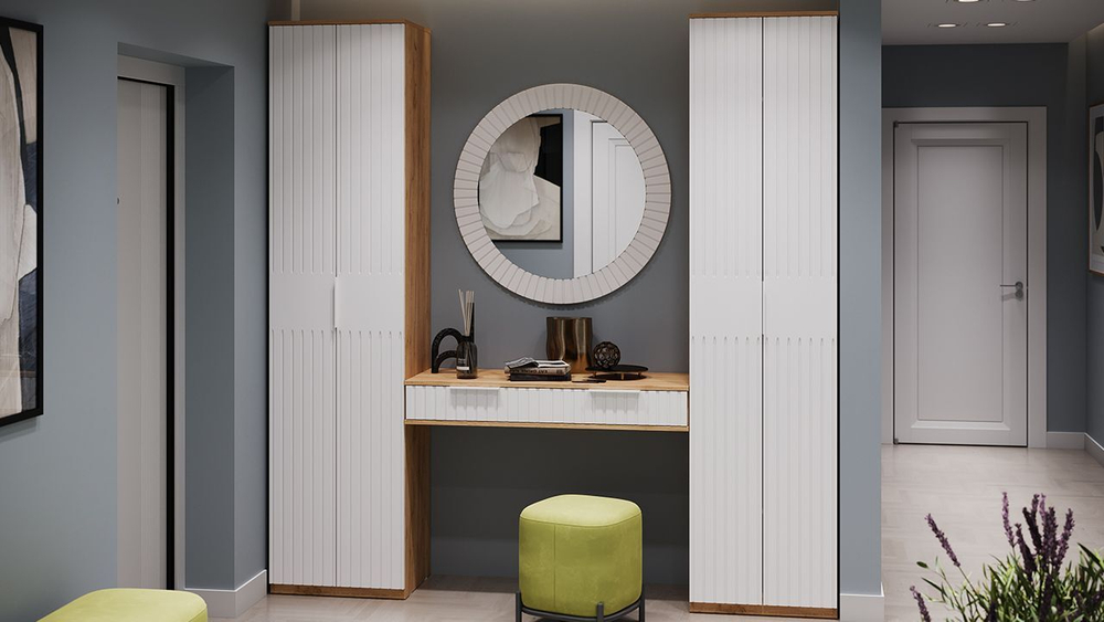 Прихожая с зеркалом комплект мебели Дуб Крафт золотой/Белый матовый 206х43х226 см