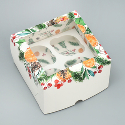 Коробка на 4 капкейка «Венок» с двусторонним рисунком, 16 х 16 х 10 см