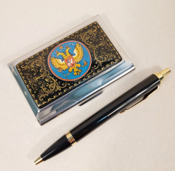 Набор "Герб РФ"  визитница персональная, авторучка Parker с ручной росписью Палех